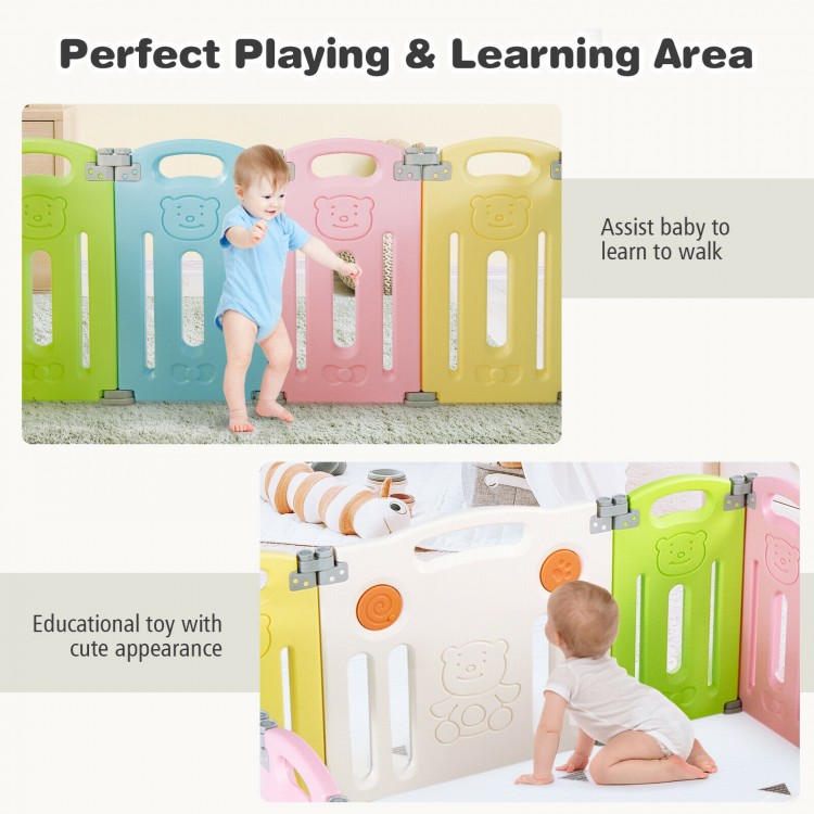 Foldable 14-panel baby playpen in multicolor, made from safe HDPE, features educational toys and safety lock for secure.