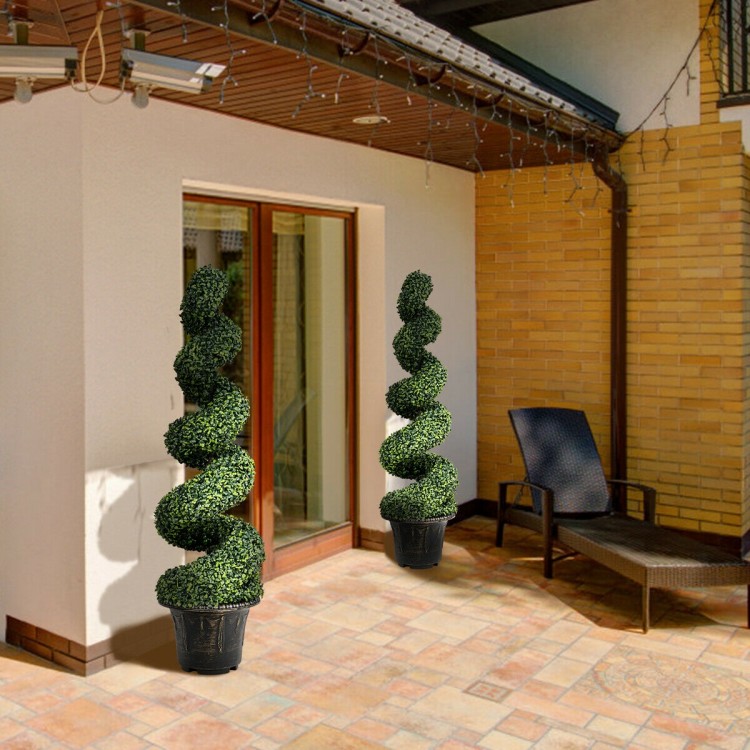 Artificial boxwood spiral tree, 4 feet tall, with green leaves in a cement base, ideal for indoor and outdoor.