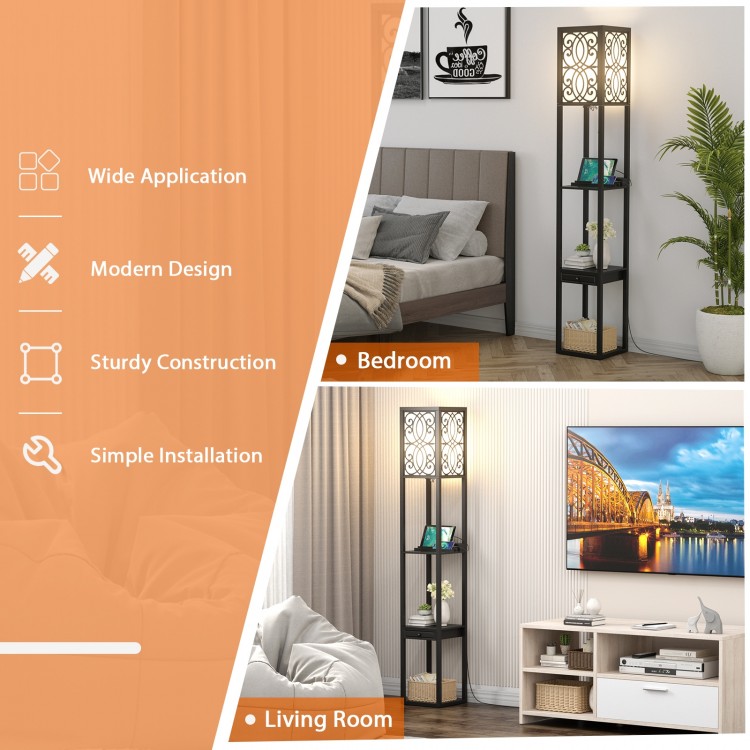 Modern standing shelf lamp with 3 open shelves, 1 power outlet, and 2 USB ports for convenient charging in living room.