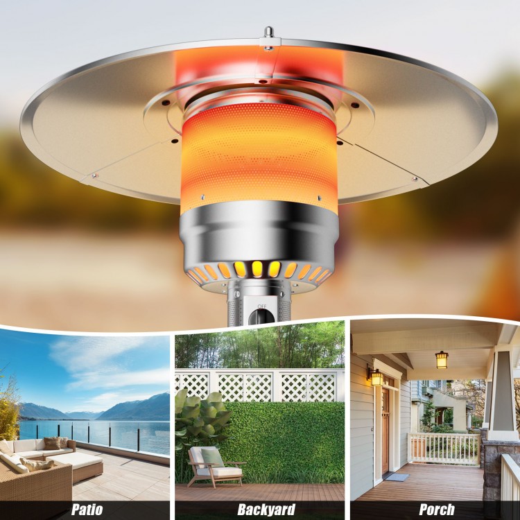 Close-up of the propane outdoor heater with a sleek gray design, providing warmth for patio gatherings.
