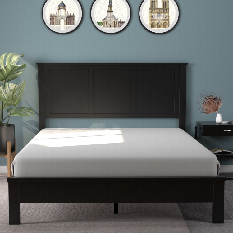 Black flat panel wood headboard with pre-drilled holes, adjustable height, and smooth surface for full size bed frames.