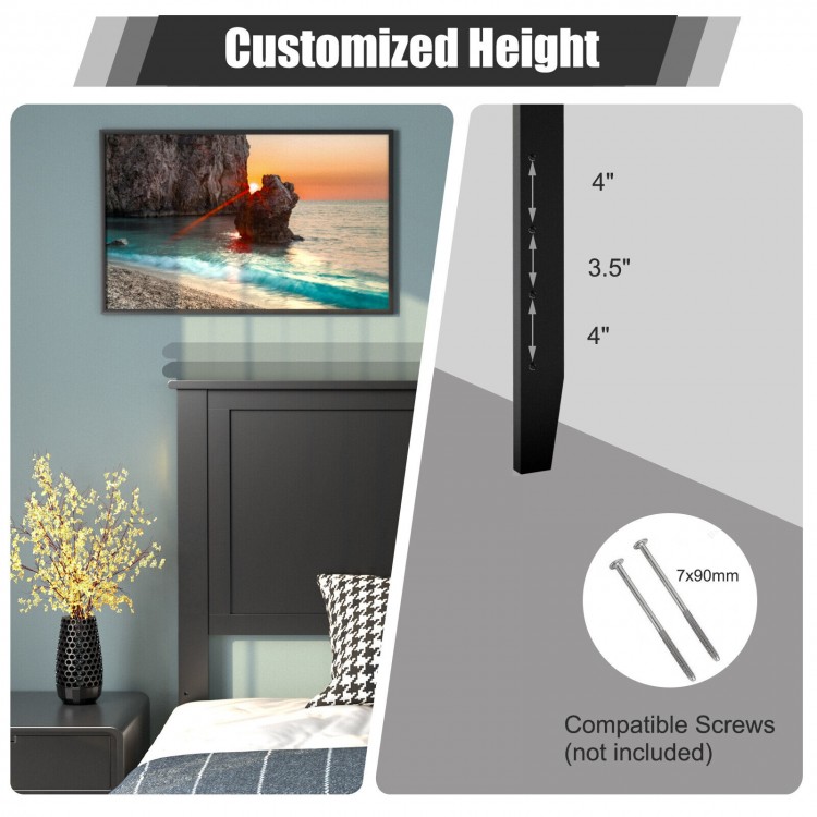 Solid wood flat panel headboard for twin-size bed in black, adjustable height with pre-drilled holes for easy mounting.