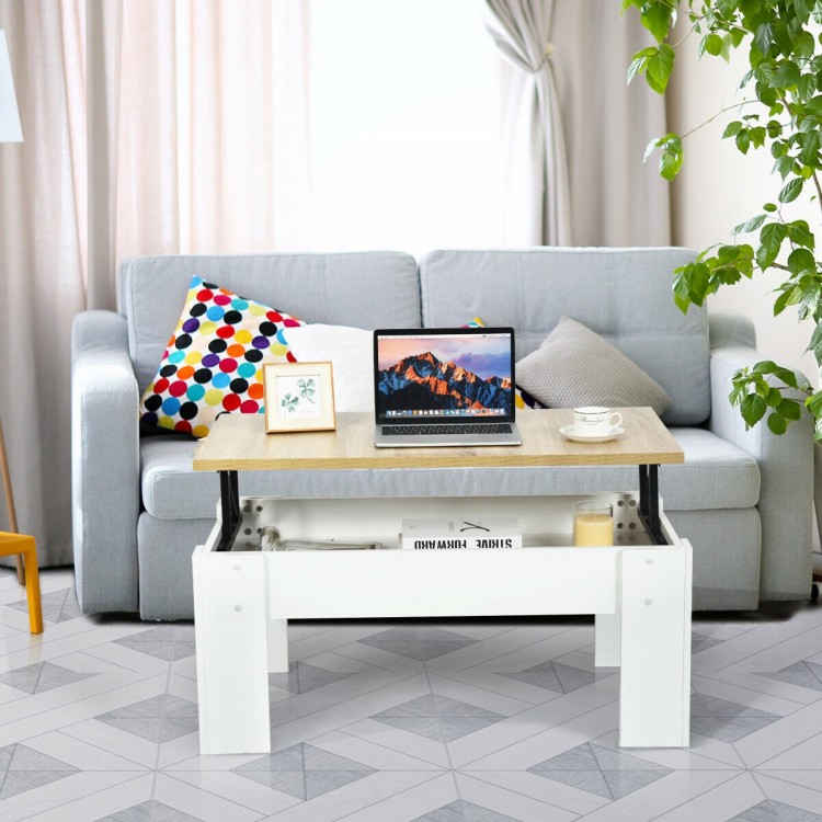 Lift top coffee table in white with a spacious surface and hidden storage, perfect for home or office use.