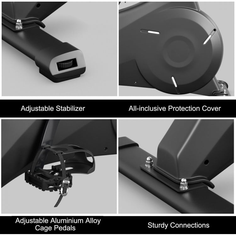 Close-up of adjustable aluminium alloy cage pedals on the Magnetic Resistance Stationary Bike for home gym workouts.