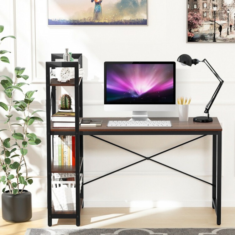 Close-up of the tan writing desk surface highlighting the smooth finish, featuring a sturdy X-shape frame and 4-tier.