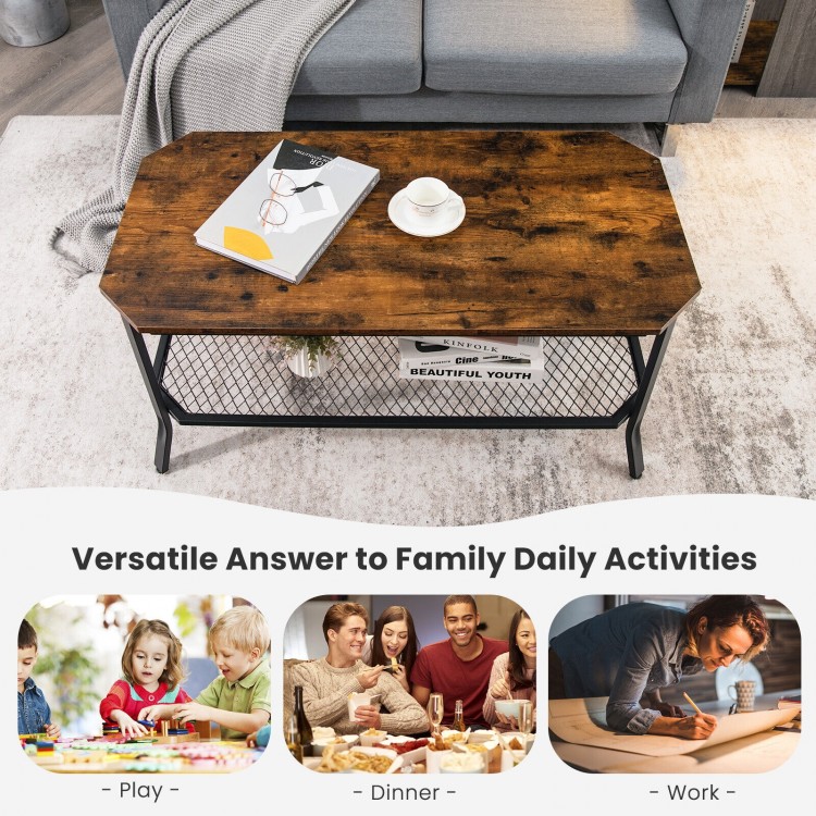 2-tier industrial coffee table with rustic brown octagonal tabletop and metal mesh shelf, perfect for living room use.