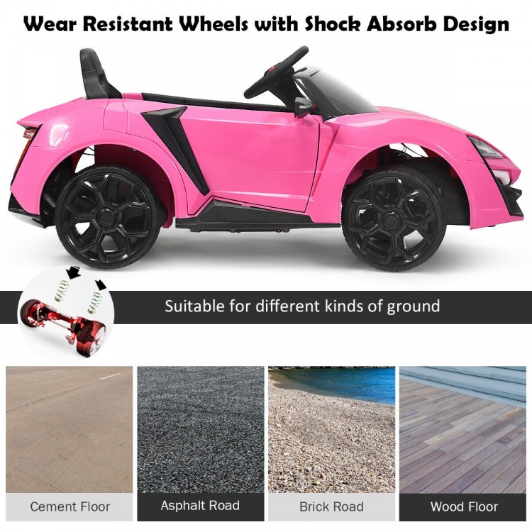 Pink 12V RC electric vehicle with wear-resistant wheels, suitable for various surfaces like wood floor and asphalt road.