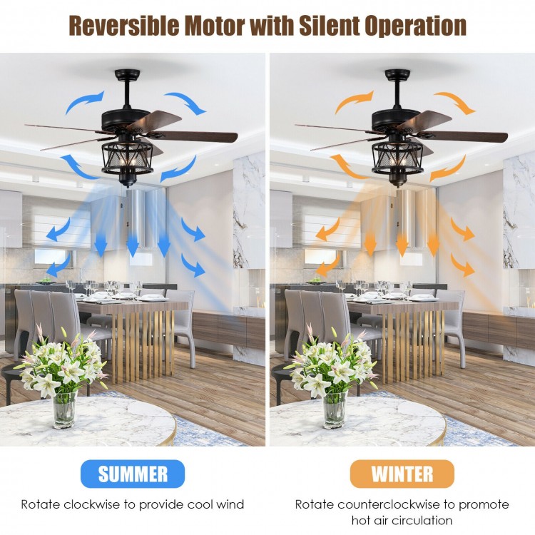 50-inch black ceiling fan with reversible blades, pull chain control, and lights for versatile year-round use.