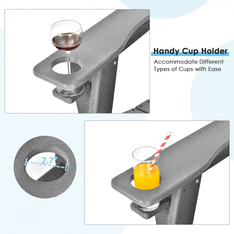 Handy cup holder detail of the gray outdoor Adirondack chair, designed for easy access to drinks in backyard settings.