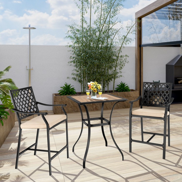 Patio square bar table with a wood-like top and sturdy steel frame, perfect for outdoor garden or backyard use.