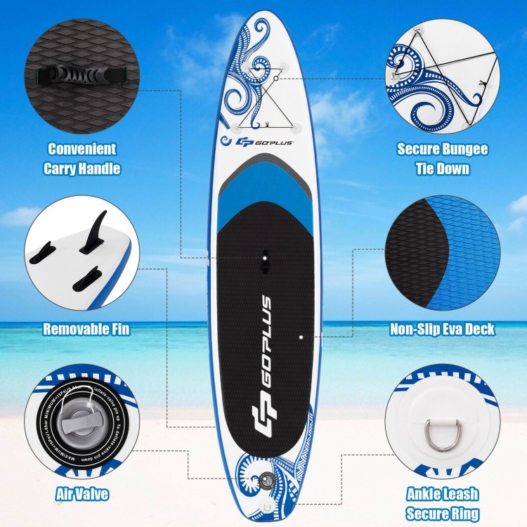 Inflatable paddle board with non-slip deck, adjustable paddle, and removable fin for versatile water sports enjoyment.