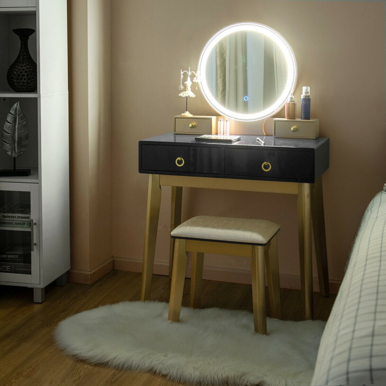 Black makeup vanity table set featuring a round LED mirror, spacious desktop, and four drawers for organized storage.
