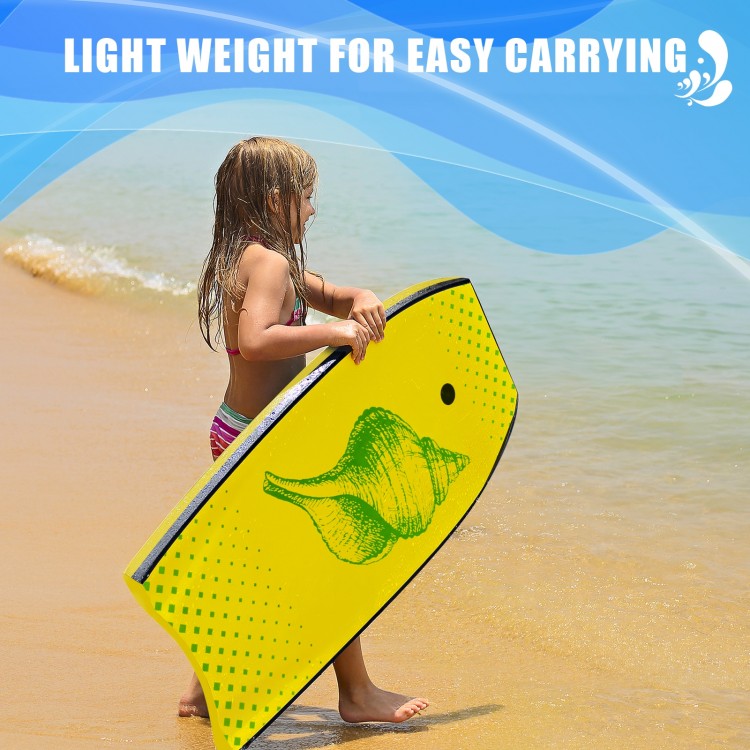Super lightweight bodyboard in bright yellow, designed for easy carrying and ideal for outdoor water sports.