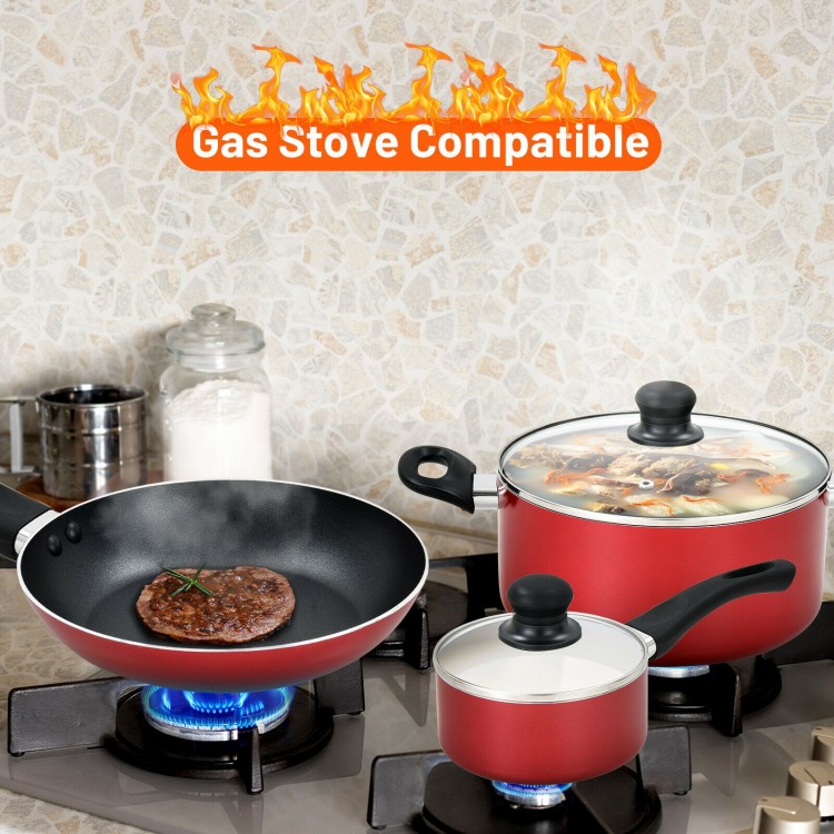 Hard anodized nonstick cookware set with frying pan, pot, and glass lid, compatible with gas stove for versatile.