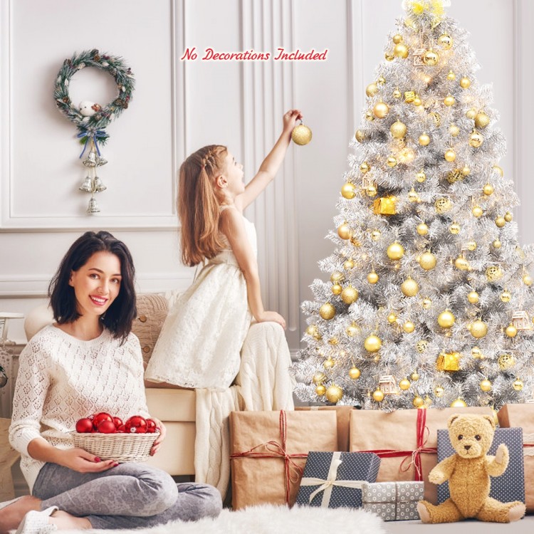 6 feet hinged unlit artificial silver tinsel Christmas tree with 1036 branch tips, perfect for indoor and outdoor.