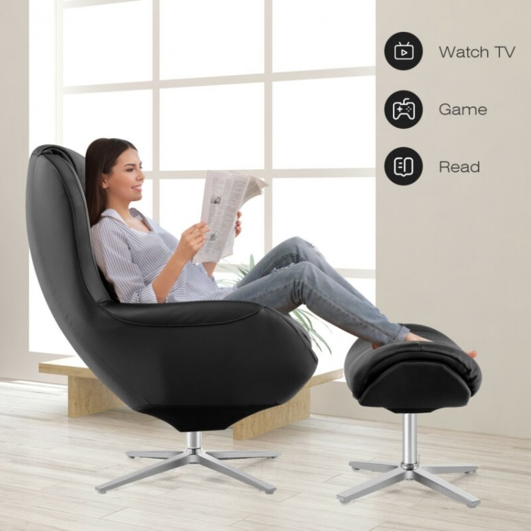 Black 360° swivel leather lounge chair with ottoman, featuring aluminum alloy base, ideal for living room relaxation.