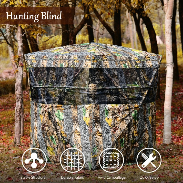 Three-person portable hunting blind with vivid camouflage, multiple windows, and easy setup for outdoor use.