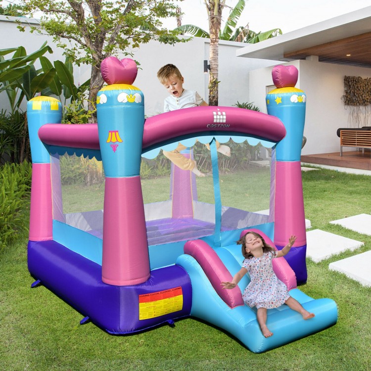 Kids enjoy jumping and sliding in the 3-in-1 Princess Theme Inflatable Castle, perfect for outdoor fun.