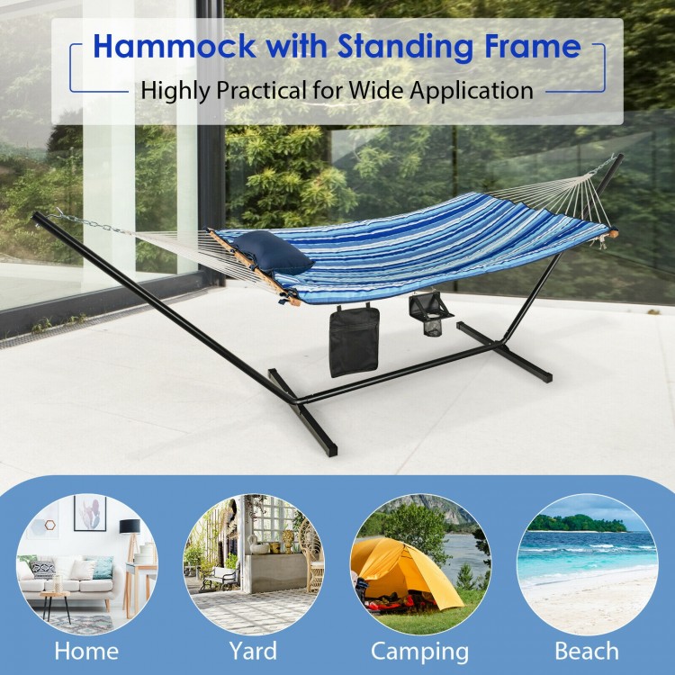 Hammock chair stand set with stable steel frame, soft cotton fabric, and pillow, ideal for indoor and outdoor.