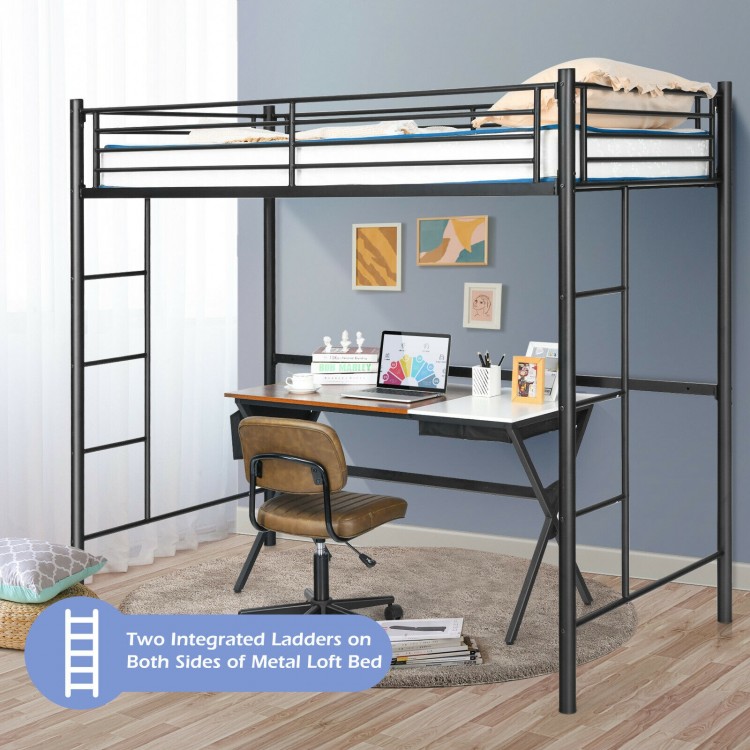 Twin loft bed frame in black with full-length guardrails and two integrated ladders, ideal for kids' rooms or.