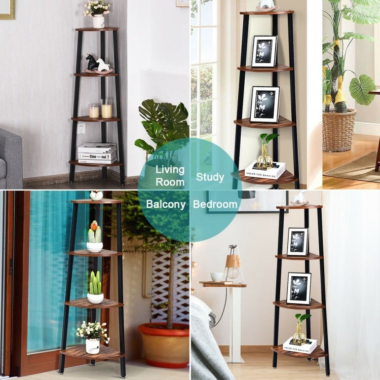 4-tier corner shelf in brown with metal frame, perfect for storage in living room, study, or balcony.