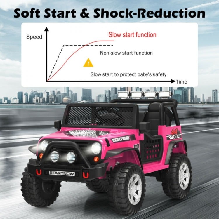 Kids electric ride-on truck in pink with remote control, soft start, and spring suspension for a smooth ride.