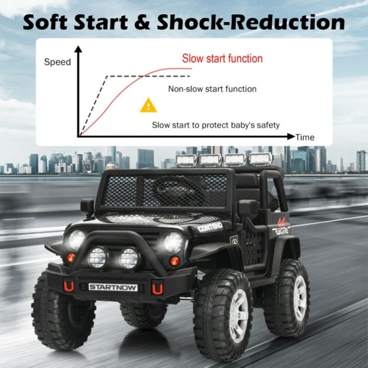 Kids electric ride-on truck in black with remote control, featuring soft start, spring suspension, and realistic lights.