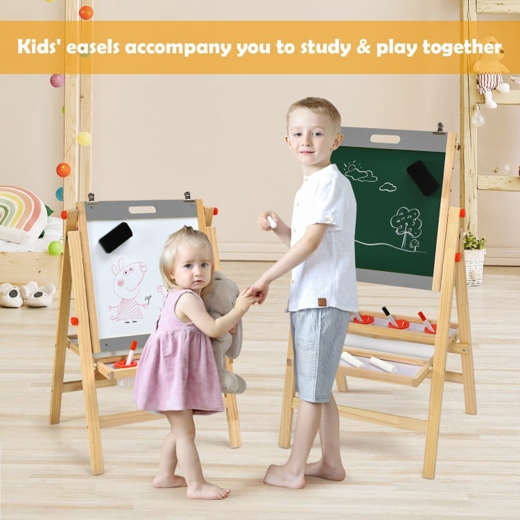 Kids' art easel with gray double-sided chalkboard and whiteboard, featuring adjustable height and storage tray for.