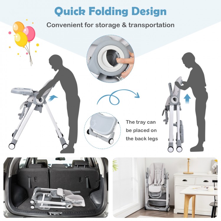 Folding baby high chair in gray with adjustable height, detachable trays, and wheels for easy transport and storage.