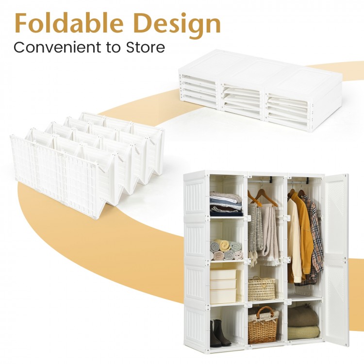 Foldable closet organizer with 8 cubby storage, featuring magnet doors and compact design for easy transport and use.