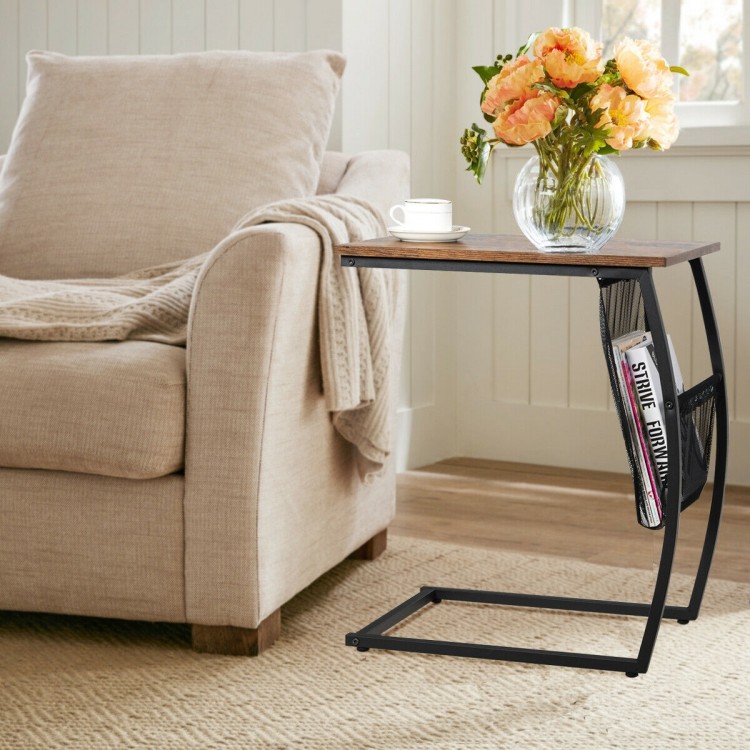 C-shaped vintage end table with side pocket, engineered wood top, and metal frame, perfect for living room or bedside.