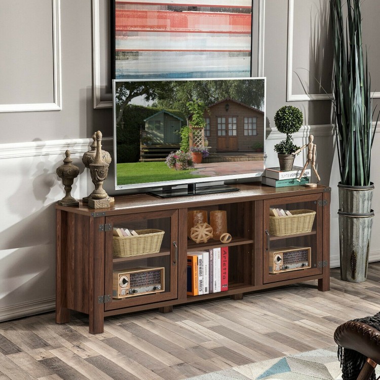 Walnut TV stand with tempered glass doors, featuring 2-tier shelves and storage cabinets, perfect for living room decor.