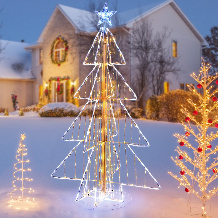 5-foot animated Christmas tree with warm and cold LED lights, featuring a star top, ideal for outdoor holiday decor.