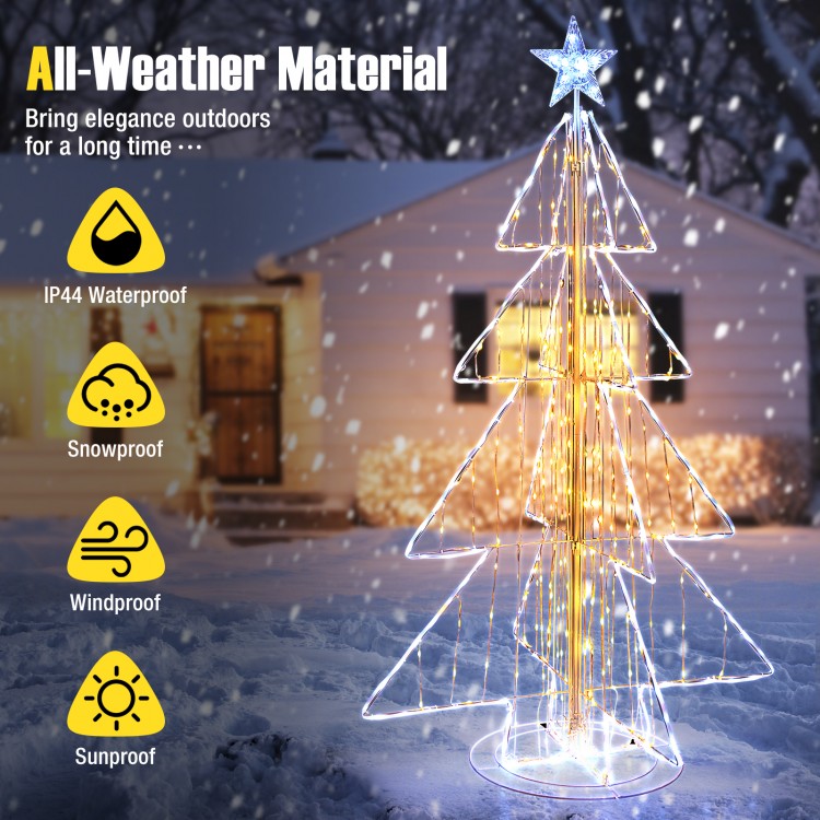 5-foot animated Christmas tree with warm and cold LED lights, featuring all-weather material for outdoor elegance.