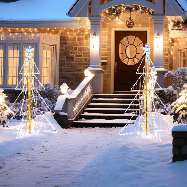 5 ft animated Christmas tree with warm and cold LED lights, elegantly lit for outdoor holiday decoration.