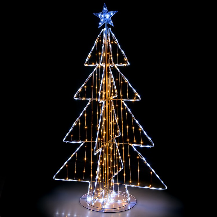 5-foot animated Christmas tree with warm and cold LED lights, featuring a star topper and sturdy round metal base.