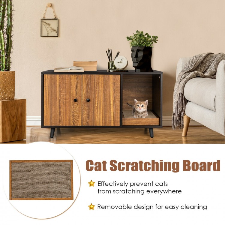 Cat litter box enclosure with double doors and divider in brown, featuring a scratching pad for feline fun and easy.
