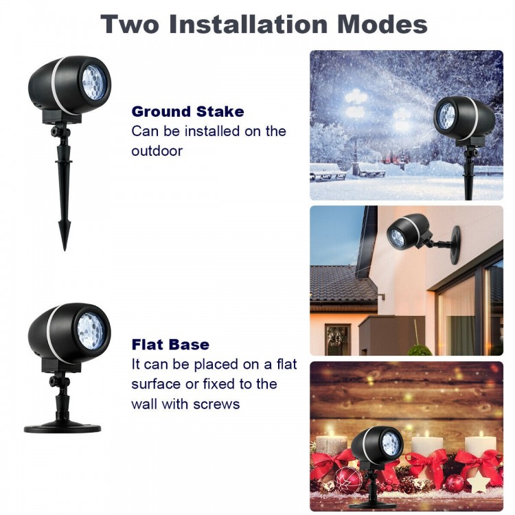 Outdoor waterproof Christmas snowflake LED projector light with remote control, featuring ground stake and flat base.