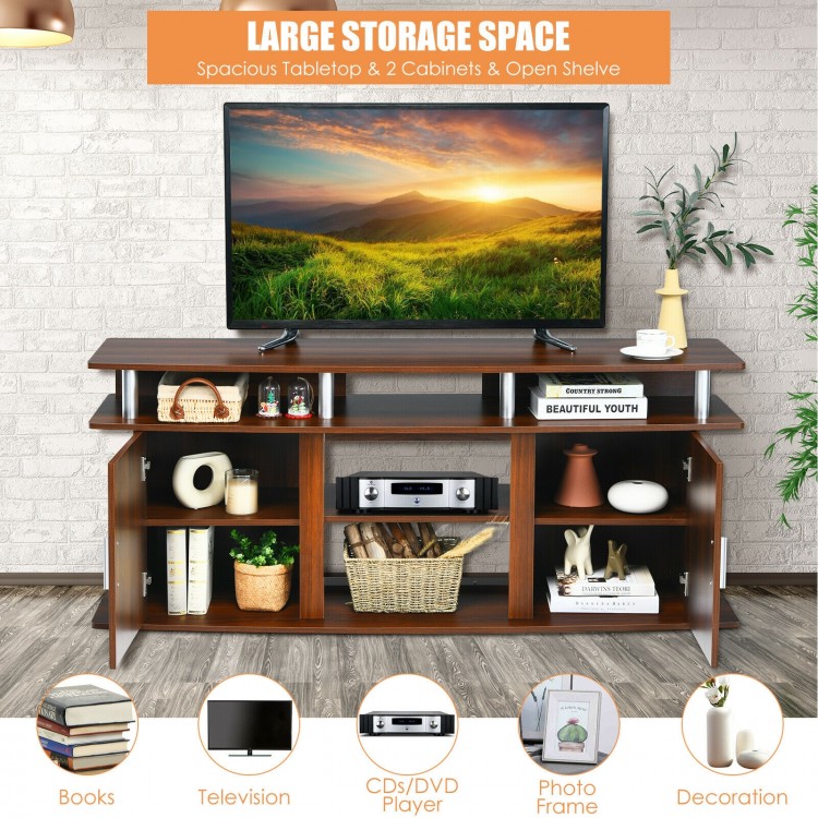 Walnut 63-inch TV entertainment console with spacious tabletop, 2 cabinets, and open shelves for versatile storage.