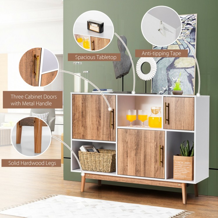Sideboard storage cabinet featuring three cabinet doors, spacious tabletop, and solid hardwood legs for versatile.
