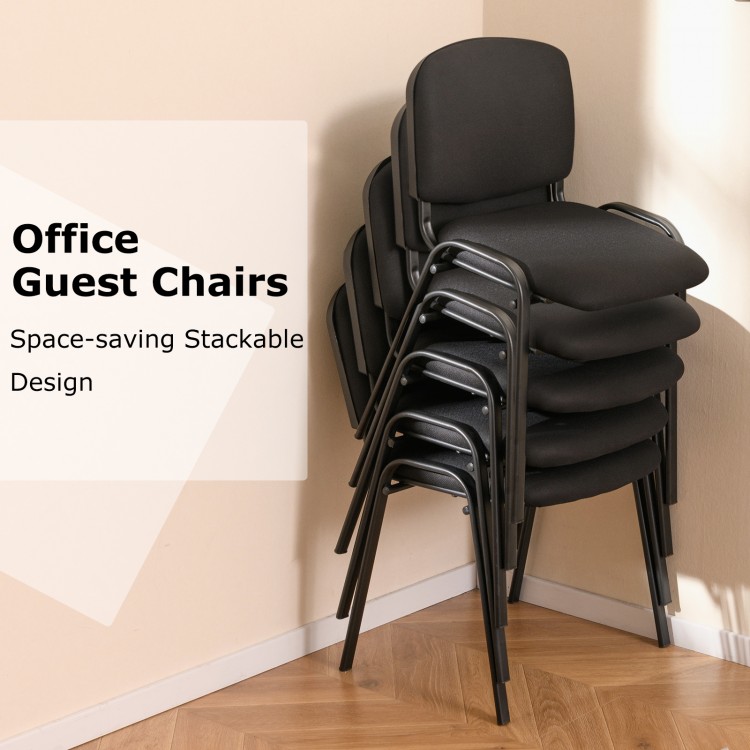 Stacked office guest chairs with padded cushions and metal frame, designed for space-saving in conference rooms.
