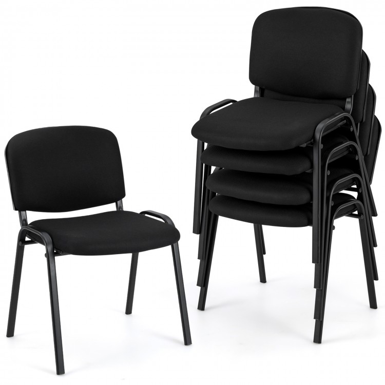 Black office chairs with padded cushions and metal frames, stackable for space-saving in conference rooms.