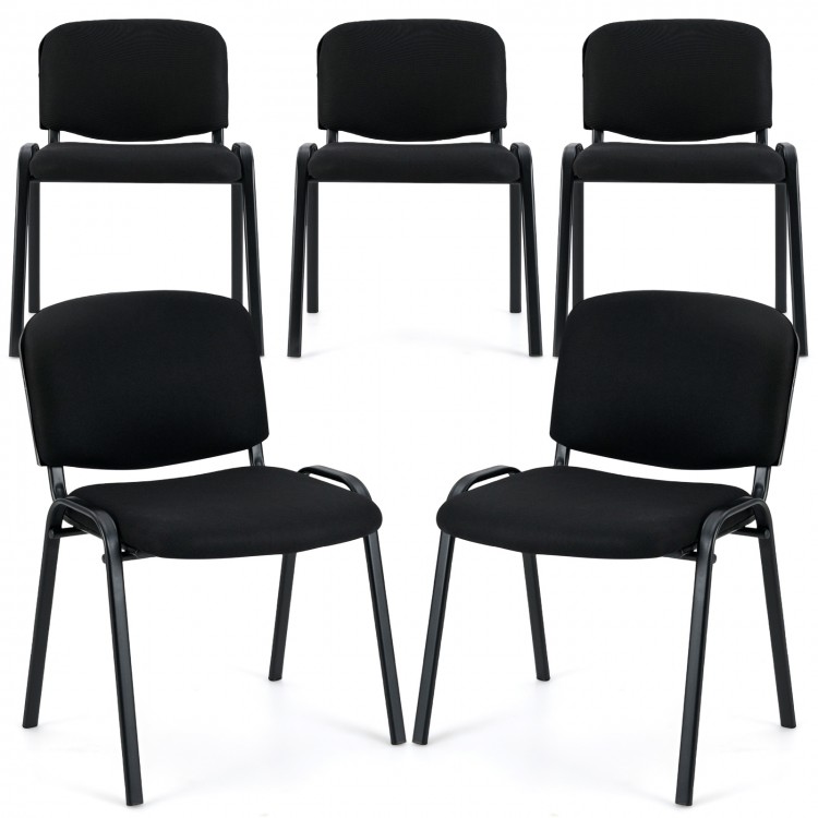 Set of 5 black office chairs with padded cushions and metal frames, ideal for conference rooms and space-saving.