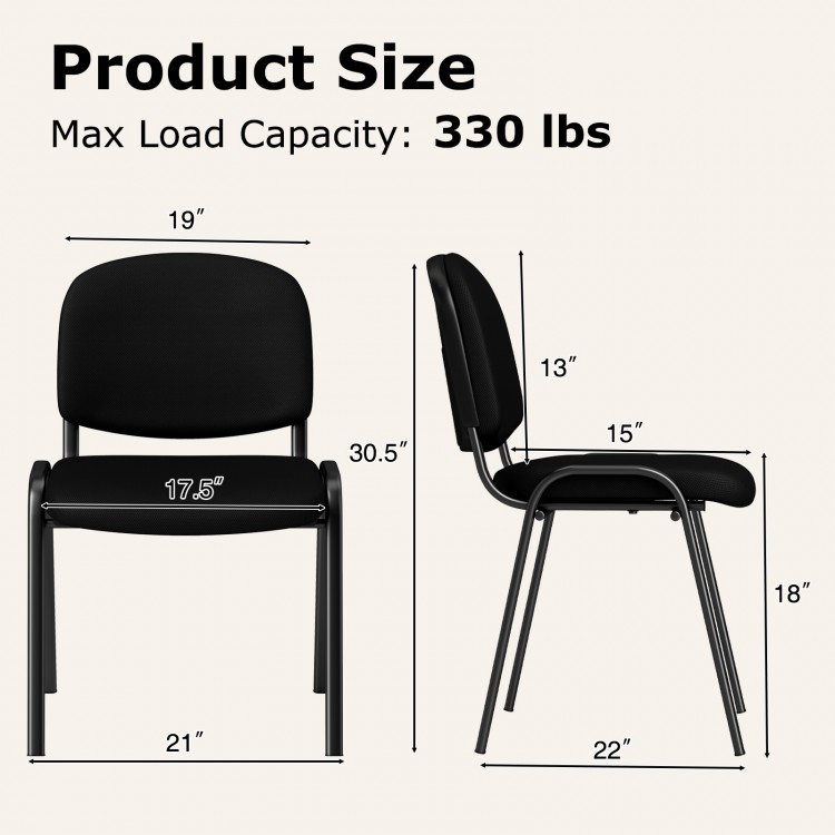 Dimensions of the office chair with metal frame, padded cushions, and a max load capacity of 330 lbs for conference.
