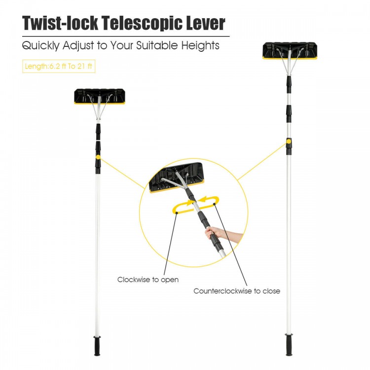 Telescoping snow roof rake with adjustable aluminum tube, designed for easy snow removal from roofs and high areas.