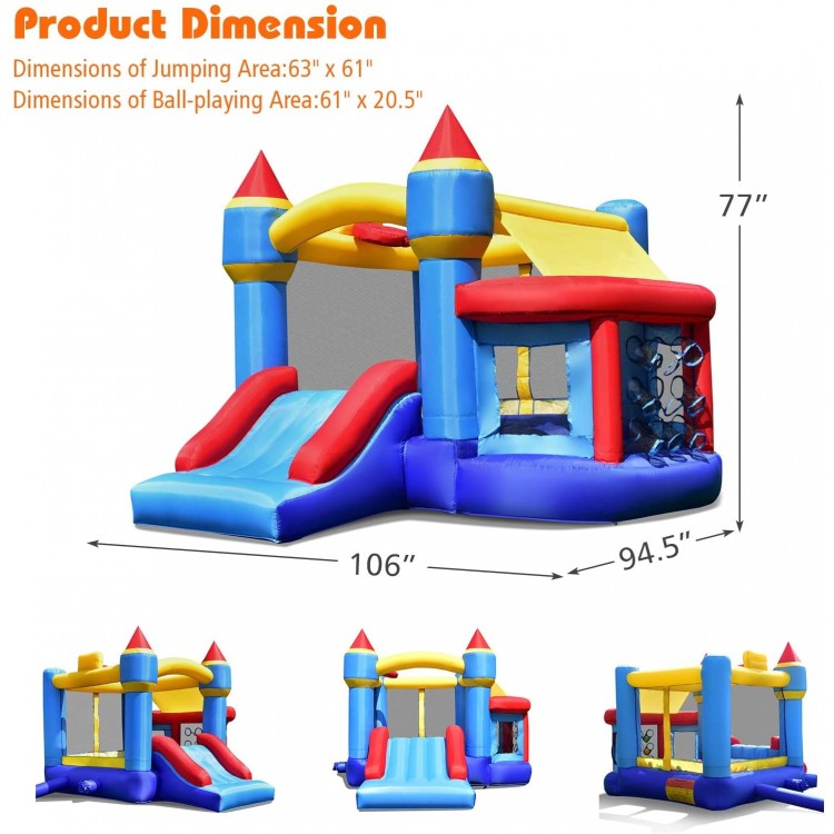 Castle Slide inflatable bounce house featuring a ball pit, basketball hoop, and vibrant colors for kids' outdoor fun.