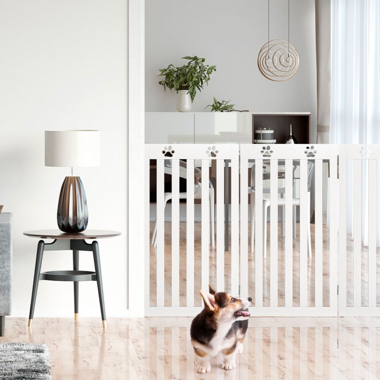 Freestanding 36-inch white wooden pet gate with flexible hinges, ideal for small to medium dogs in home settings.