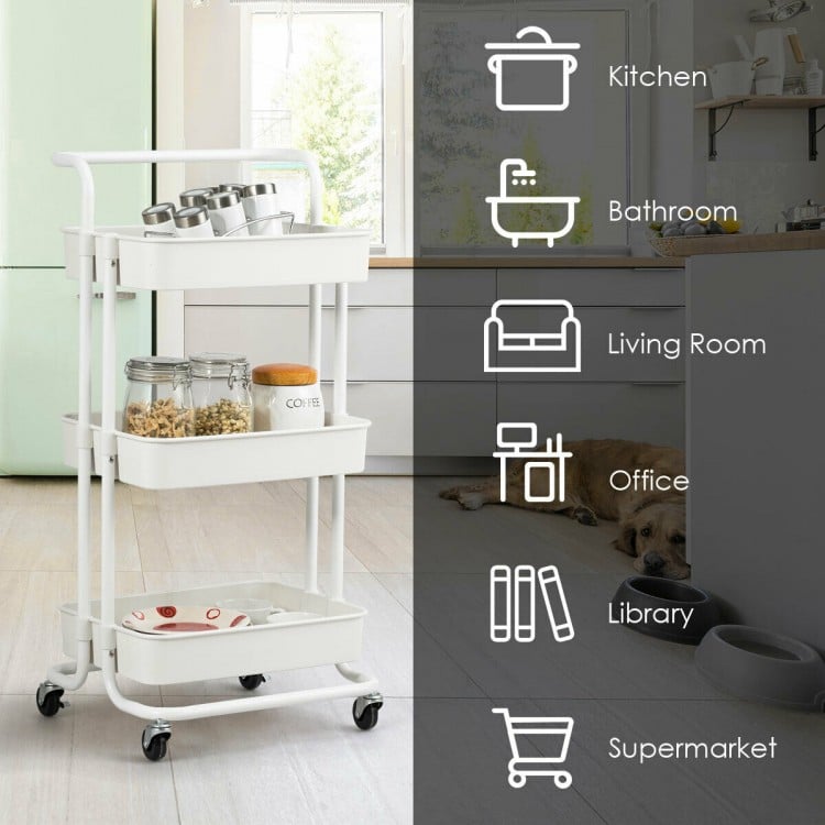 3-tier white utility cart with casters, ideal for kitchen or bathroom storage, featuring ABS baskets and ergonomic.