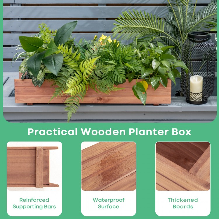 Wooden decorative raised garden bed with plants, featuring a waterproof surface and reinforced supporting bars for.