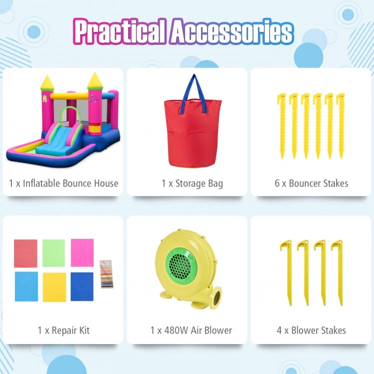 Inflatable bounce house accessories including storage bag, blower, stakes, and repair kit for kids' fun and safety.